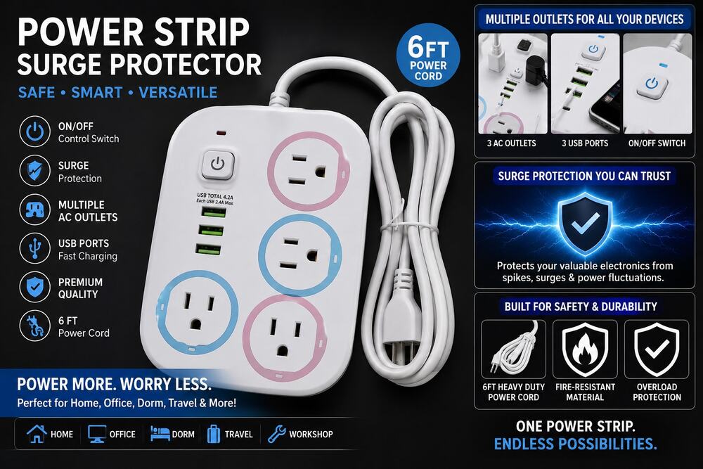 Power Strip Surge Protector USB Charging Station 4 AC Type-C & USB Ports On/Off
